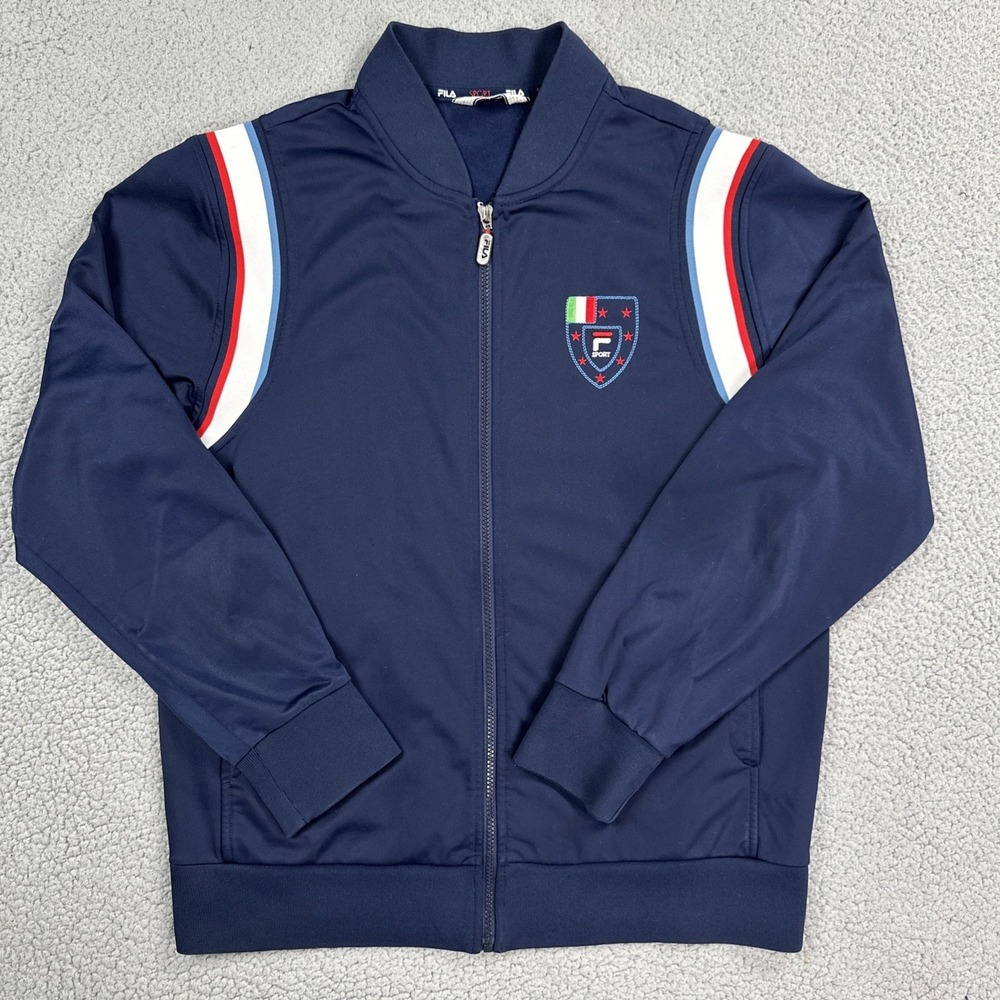 Fila Sport‎ Italy Track Jacket Men Medium Blue Striped Flag Logo Patch Full Zip